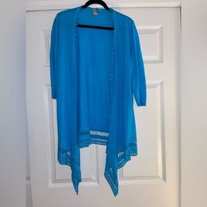 Chico’s Linen and  Cotton Long Turquoise Cardigan with Tassels and Lace Trim